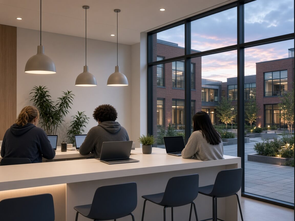 People working on laptops at a campus counter, with a brick courtyard outside at dusk